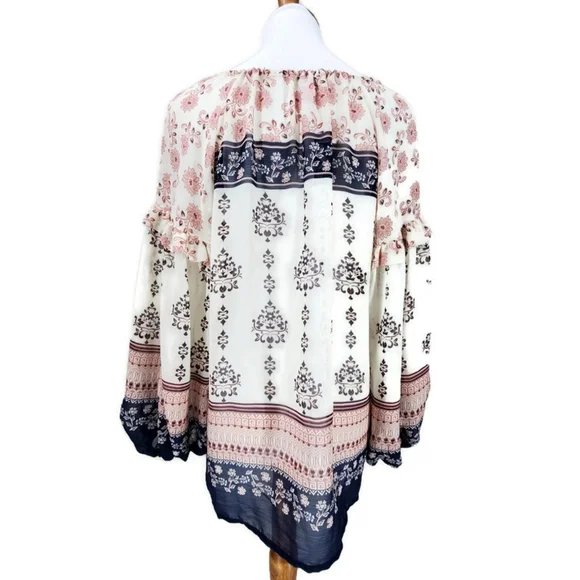 Vince Camuto Beige Cream Boho Paisley Semi Sheer Tie V-Neck Blouse SZ M - Picture 4 of 15